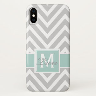 Girly Mint Green Grey Chevron Monogram Name iPhone X Case
