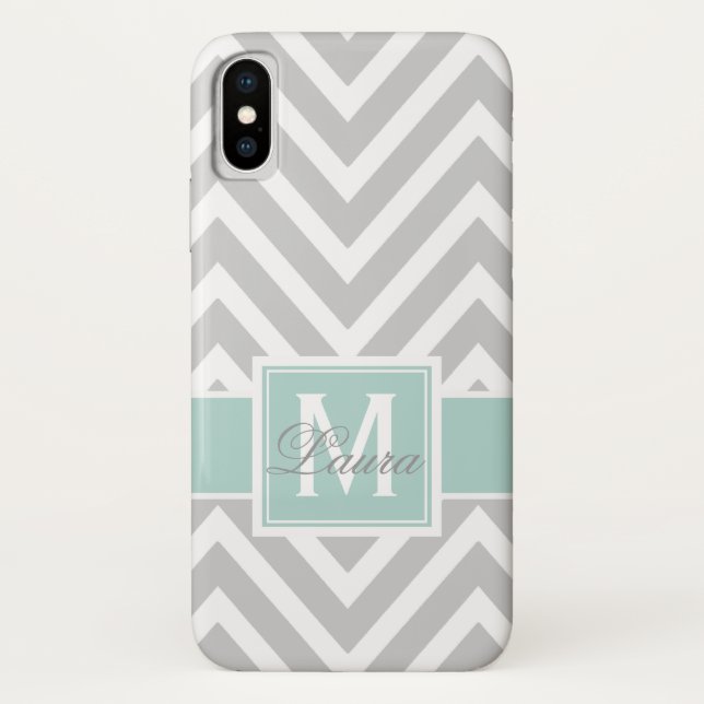 Girly Mint Green Grey Chevron Monogram Name Case-Mate iPhone Case (Back)