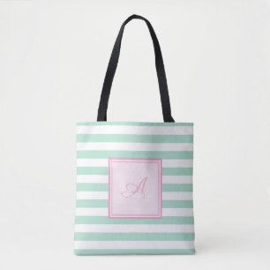 Girly Mint Green  Striped,Monogram-Personalised Tote Bag
