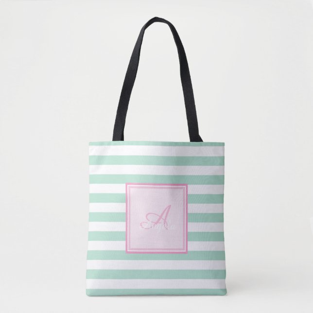 Girly Mint Green  Striped,Monogram-Personalised Tote Bag (Front)