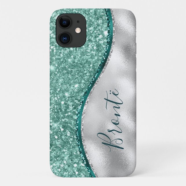 Girly Mint Green Turquoise Emerald & Silver Case-Mate iPhone Case (Back)