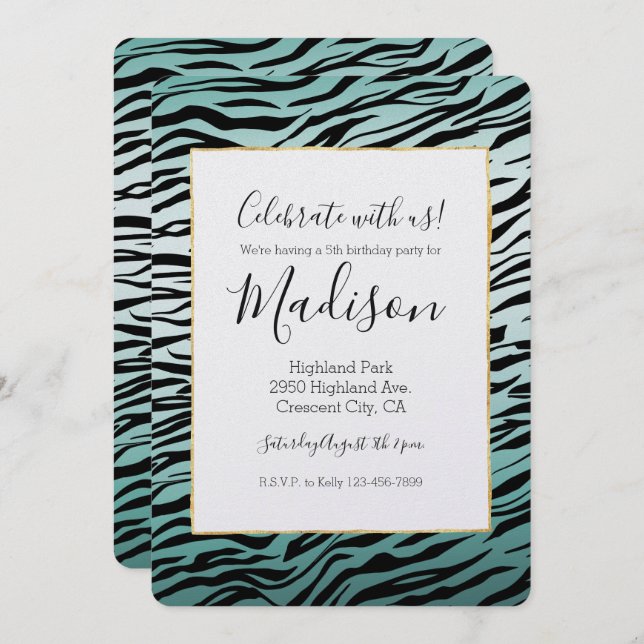 Girly Mint Ombre Black Zebra Print Invitation (Front/Back)