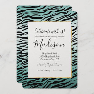 Girly Mint Ombre Black Zebra Print Invitation