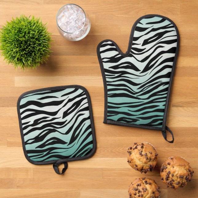 Girly Mint Ombre Black Zebra Print Oven Mitt & Pot Holder Set (Top Down)