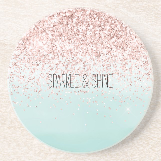 Girly Mint Ombre Glam Pink Glitter Coaster (Front)