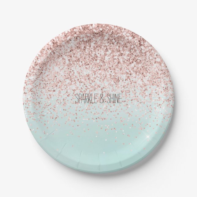 Girly Mint Ombre Glam Pink Glitter Paper Plate (Front)