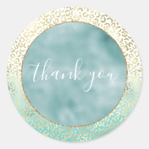Girly Mint Watercolor Gold Leopard Print Classic Round Sticker