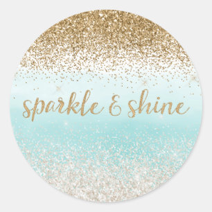 Girly Mint Watercolor Ombre Gold Glitzy Glitter Classic Round Sticker