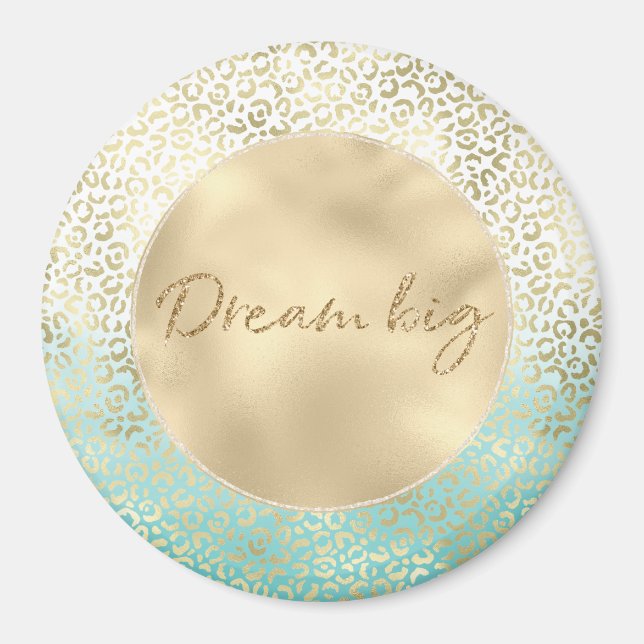 Girly Mint Watercolor Ombre Gold Leopard Print Magnet (Front)