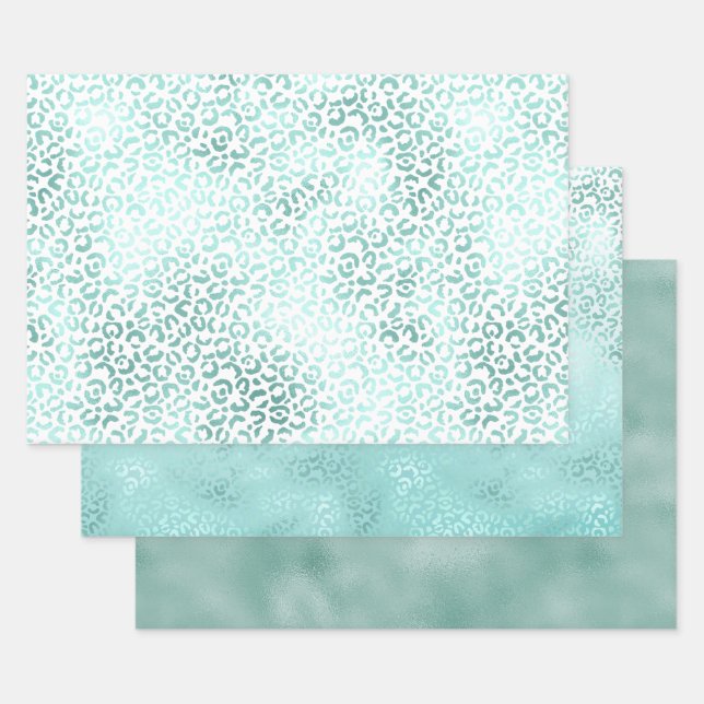 Girly Mint White Glam Ombre Leopard Print Wrapping Paper Sheet (Set)
