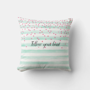 Girly Mint White Stripes Pink Confetti Hearts    Cushion