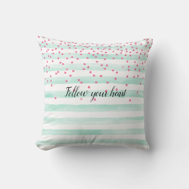 Girly Mint White Stripes Pink Confetti Hearts    Cushion (Front)