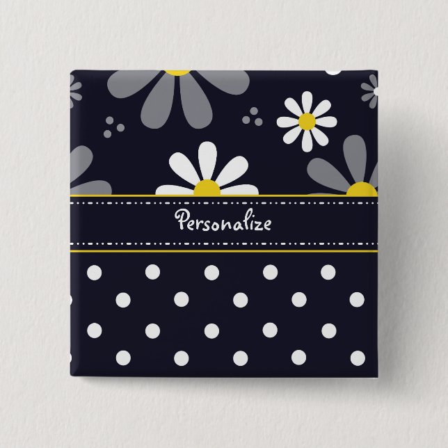 Girly Mod Daisies and Polka Dots With Name 15 Cm Square Badge (Front)