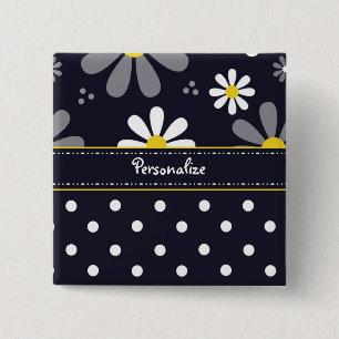 Girly Mod Daisies and Polka Dots With Name 15 Cm Square Badge