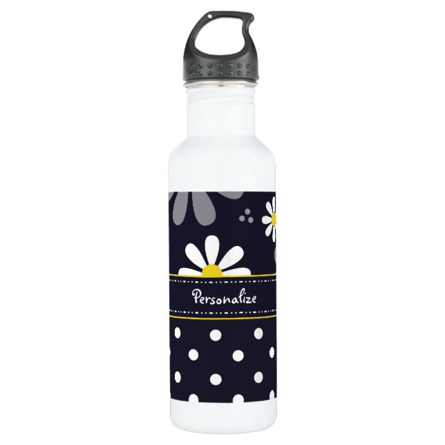 Girly Mod Daisies and Polka Dots With Name 710 Ml Water Bottle (Front)