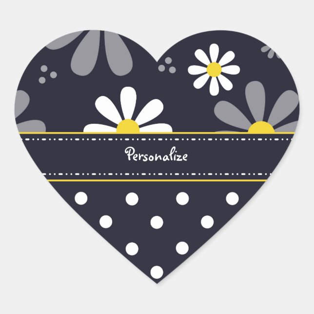 Girly Mod Daisies and Polka Dots With Name Heart Sticker (Front)