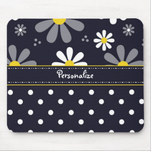 Girly Mod Daisies and Polka Dots With Name Mouse Mat