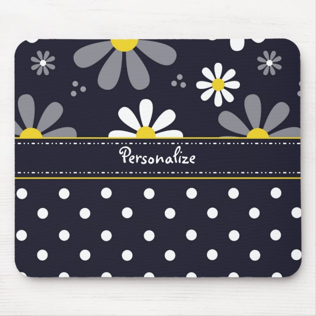 Girly Mod Daisies and Polka Dots With Name Mouse Mat (Front)