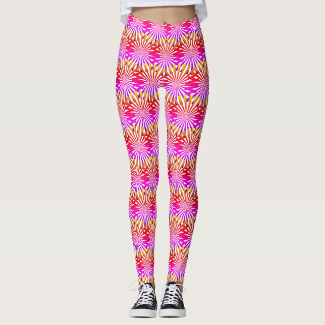 Girly Modern Abstract Pink Gradient Rays Fireworks Leggings (Front)
