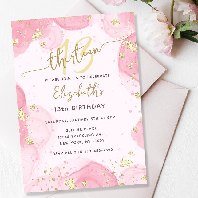 Girly Modern Abstract Pink Ink Faux Gold Glitter Invitation (Creator Uploaded)