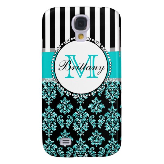 Girly Modern Aqua Teal Glitter Damask Personalised Galaxy S4 Case