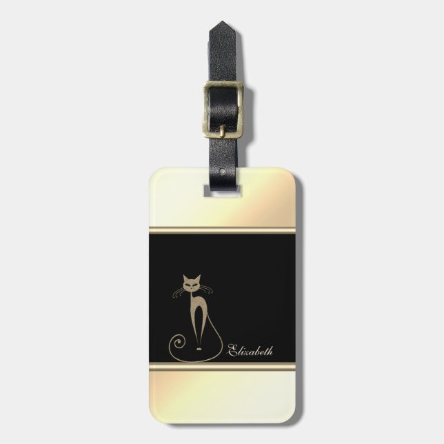 Girly Modern Black,Gold ,Cat-Personalised Luggage Tag (Front Vertical)