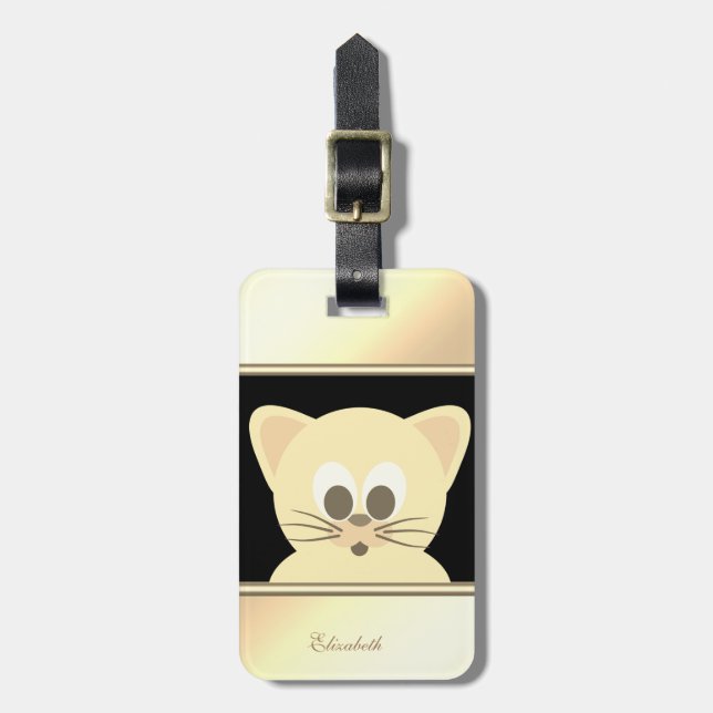 Girly Modern Black,Gold  Kitty -Personalised Luggage Tag (Front Vertical)