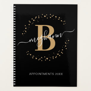 Girly Modern Black Gold Name Script Monogram 2024 Planner
