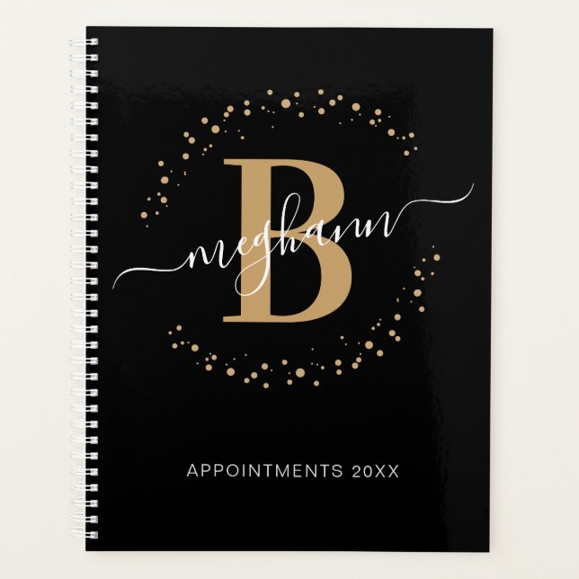 Girly Modern Black Gold Name Script Monogram 2024  Planner (Front)