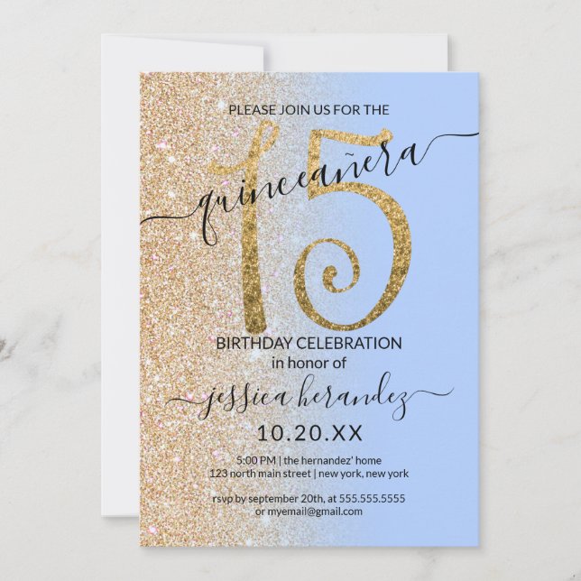 Girly Modern Blue Gold Glitter Ombre Quinceañera Invitation (Front)