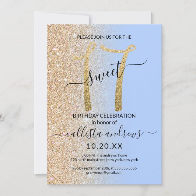 Girly Modern Blue Gold Glitter Ombre Sweet 17 Invitation (Front)