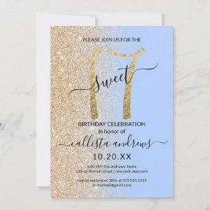 Girly Modern Blue Gold Glitter Ombre Sweet 17 Invitation