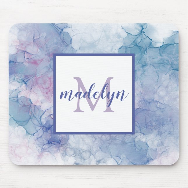 Girly Modern Blue Pink Watercolor Monogram Name Mouse Mat (Front)