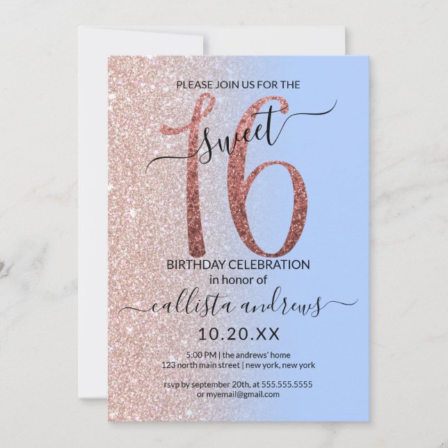 Girly Modern Blue Rose Gold Glitter Ombre Sweet 16 Invitation (Front)