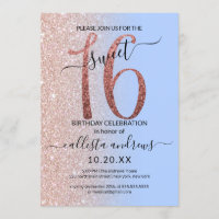 Girly Modern Blue Rose Gold Glitter Ombre Sweet 16