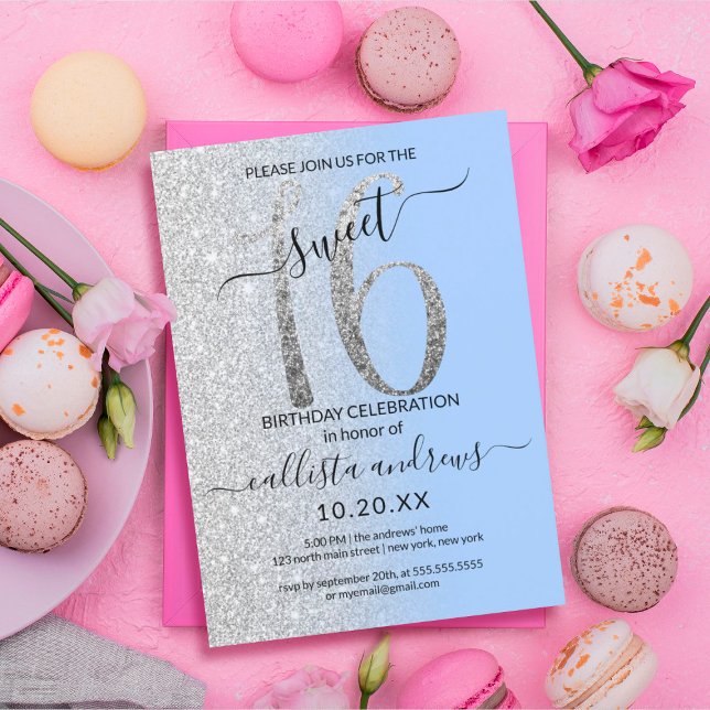 Girly Modern Blue Silver Glitter Ombre Sweet 16 Invitation (Creator Uploaded)