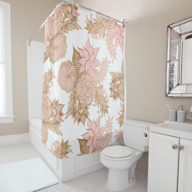 Girly Modern Blush Pink White Gold Floral Shower Curtain (In Situ)