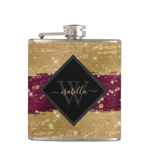 Girly Modern Burgundy Gold Glitter Script Monogram Hip Flask