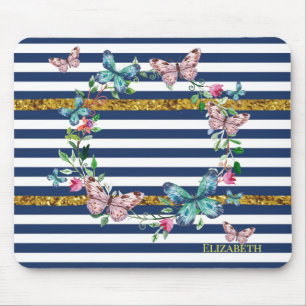 Girly Modern Chic Butterflies  Stripes Mouse Mat
