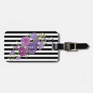 Girly Modern Chic Flowers ,Black White Stripes Luggage Tag