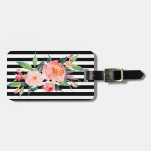Girly Modern Chic Flowers ,Black White Stripes Luggage Tag