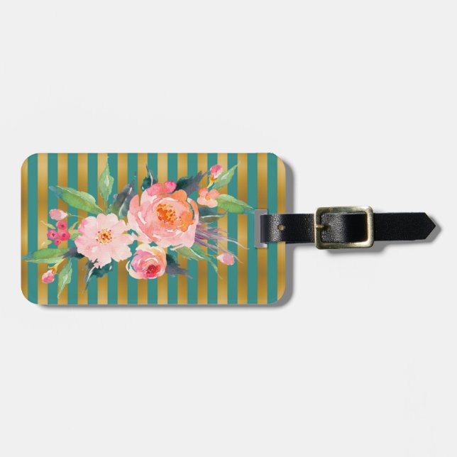 Girly Modern Chic Flowers -Stripes Luggage Tag (Front Horizontal)
