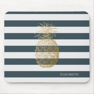 Girly Modern Chic Gold Pineapple Stripes Mouse Mat