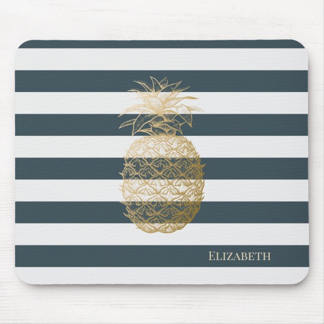 Girly Modern Chic Gold Pineapple Stripes Mouse Mat (Front)