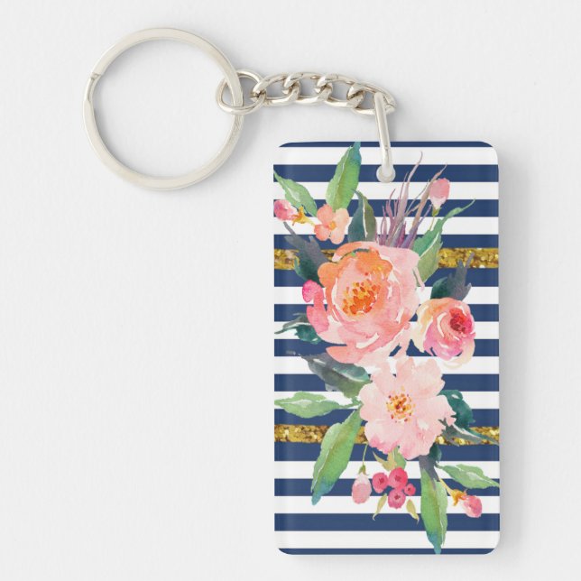 Girly Modern Chic Watercolor Flowers -Stripes Key Ring (Front)