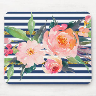Girly Modern Chic Watercolor Flowers -Stripes Mouse Mat