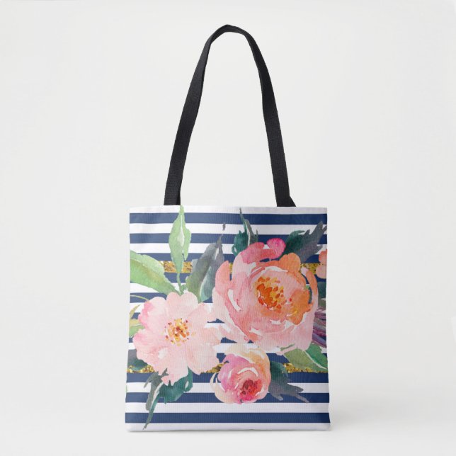 Girly Modern Chic Watercolor Flowers -Stripes Tote Bag (Front)