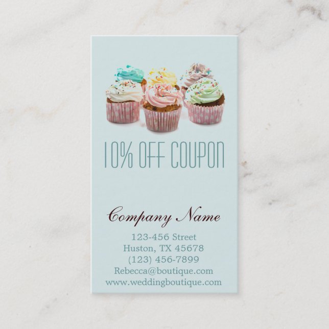 girly modern elegant bakery colourful cupcake discount card (Front)
