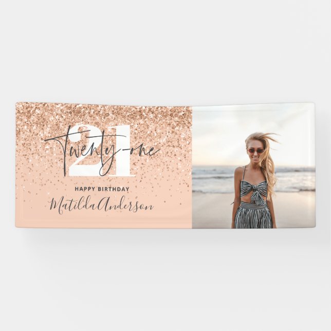 Girly modern glitter chic peach 21 birthday decor banner (Horizontal)