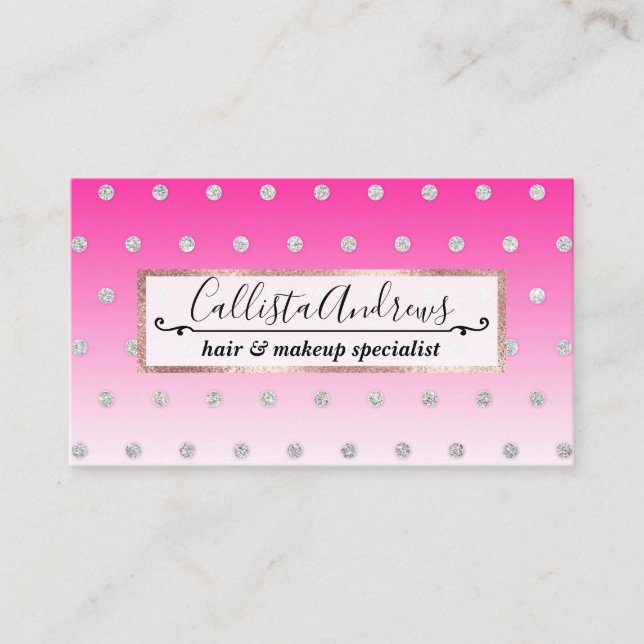 Girly Modern Glitter Polka Dots Neon Pink Ombre Business Card (Front)